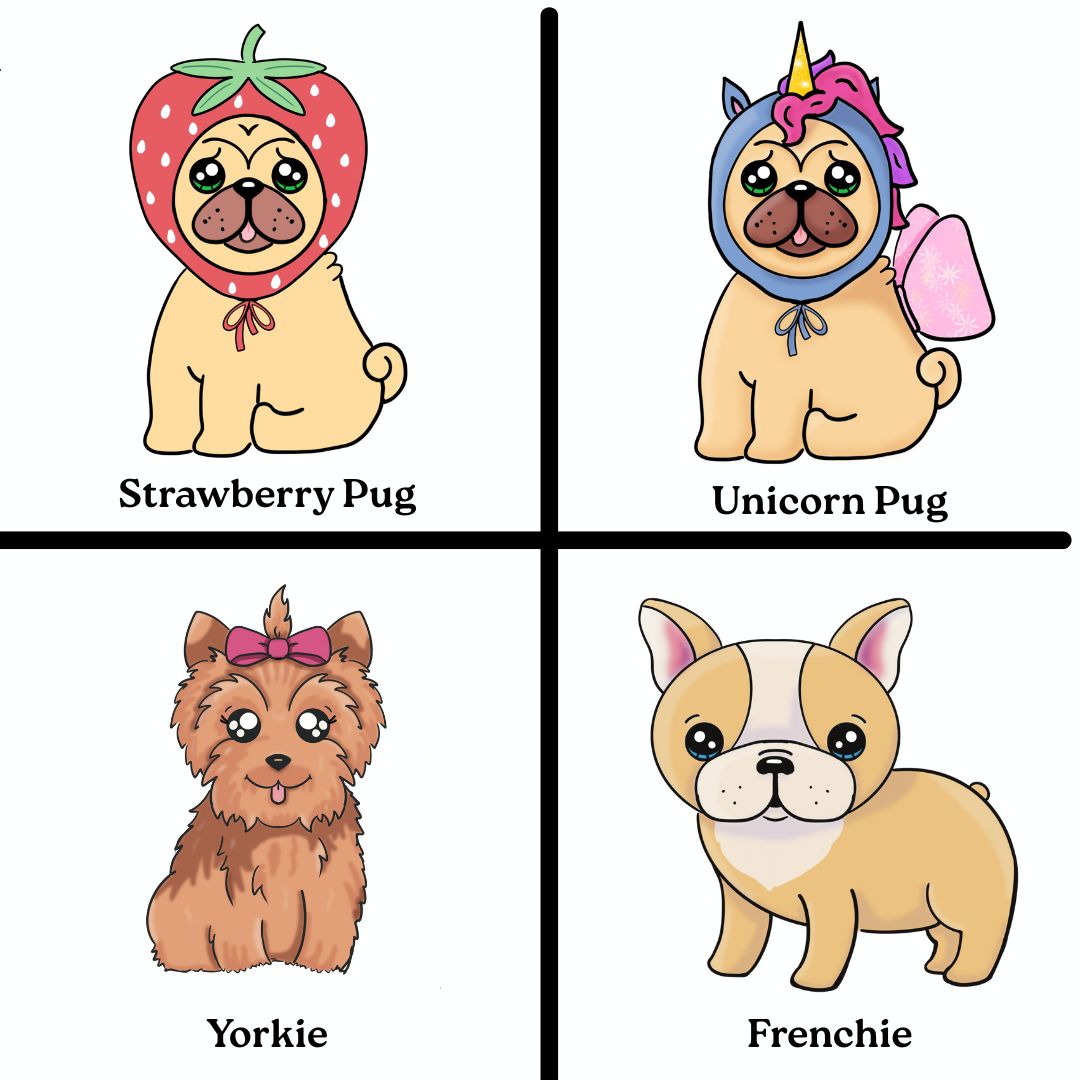 Four cartoon dog breeds labeled 'Strawberry Pug', 'Unicorn Pug', 'Yorkie', and 'Frenchie' on a white background.